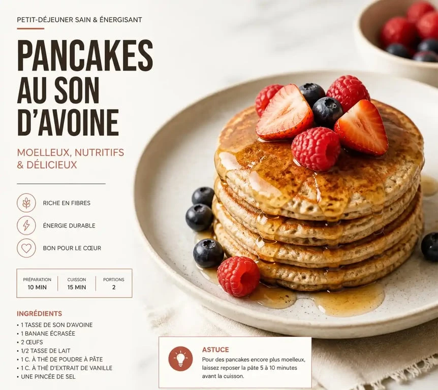 Pancakes moelleux au son d'avoine servis avec des fruits frais, recette saine et gourmande
