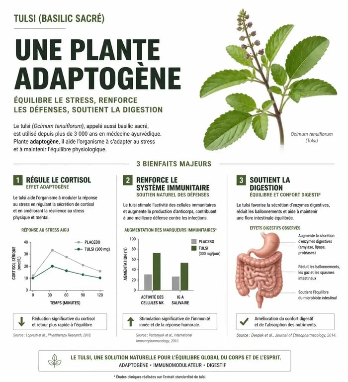 Infographie des bienfaits du tulsi sur la santé : stress, immunité et digestion
