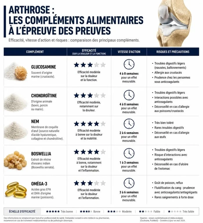 Infographie comparative des compléments alimentaires contre l'arthrose : efficacité et risques