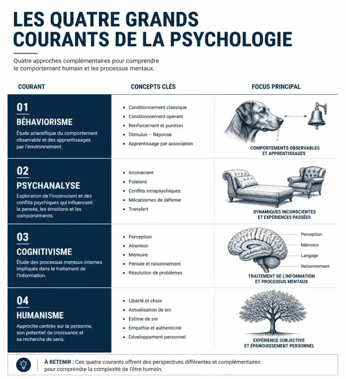 Infographie des courants de la psychologie et comportement humain