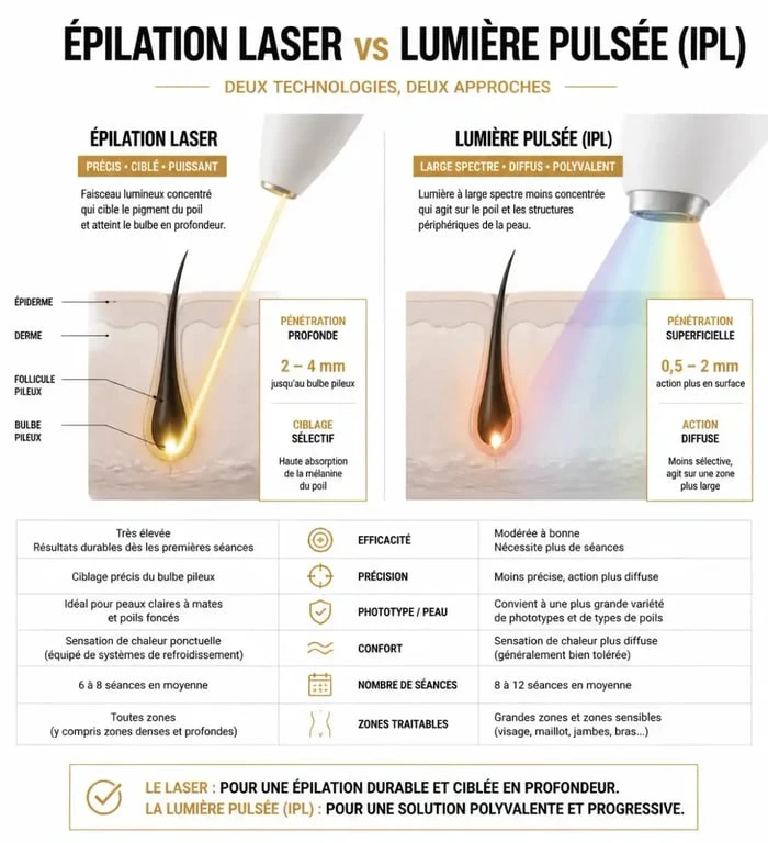 Comparaison technique entre l'épilation laser et la lumière pulsée pour l'épilation définitive