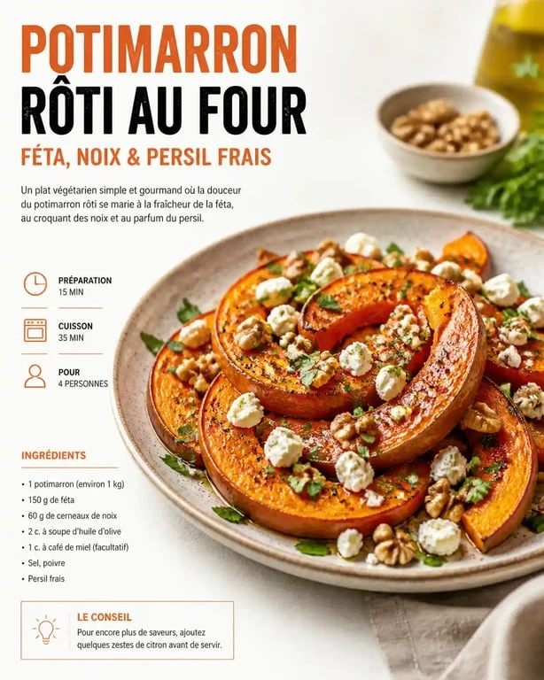 Tranches de potimarron rôties au four avec féta et noix, une recette simple pour cuire un potimarron.
