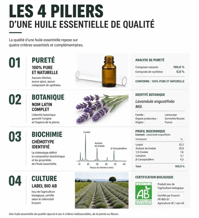 Infographie des critères de qualité pour choisir ses huiles essentielles en grande surface