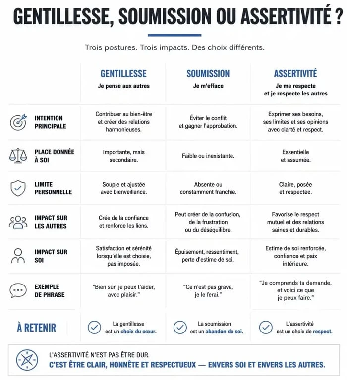 Infographie illustrant la différence entre être gentille, la soumission et l'assertivité pour mieux comprendre la bienveillance.