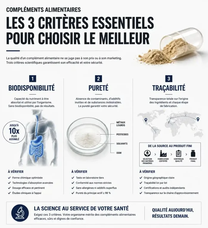 Infographie des critères pour choisir les meilleurs compléments alimentaires : biodisponibilité, pureté et traçabilité.