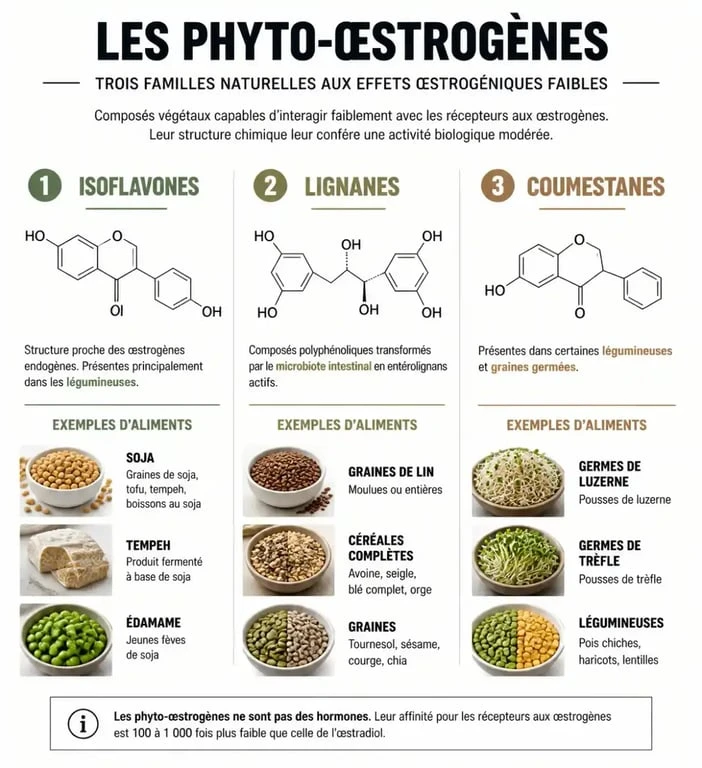 Infographie sur les aliments riches en oestrogenes naturels et leurs bienfaits pour l'équilibre hormonal