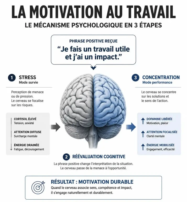 Infographie sur l'impact des phrases motivantes au travail sur la psychologie des collaborateurs