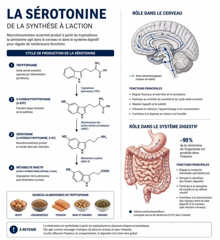 Schéma explicatif du rôle et de la production de la sérotonine dans l'organisme