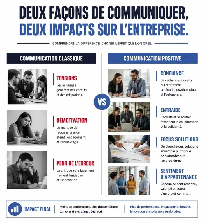 Infographie comparant les bénéfices de la communication positive par rapport à la communication classique en entreprise