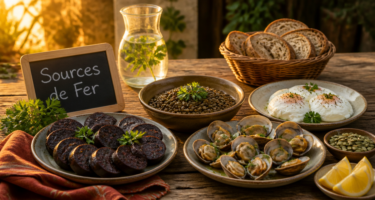 liste d aliments riche en fer sur table rustique