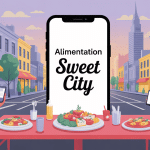 illustration livraison alimentation sweet city en ville