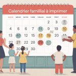 calendrier familial à imprimer affiché dans une cuisine moderne