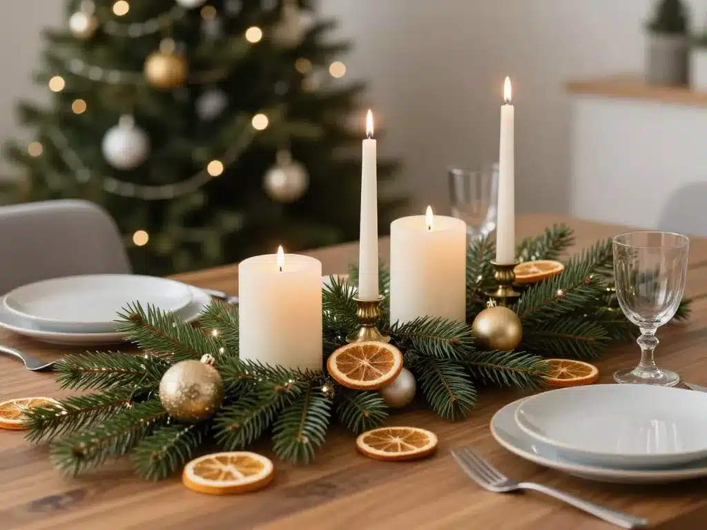 deco table noel centre de table pratique, bougies, sapin