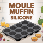 Moule muffin silicone et ingrédients sur plan de travail