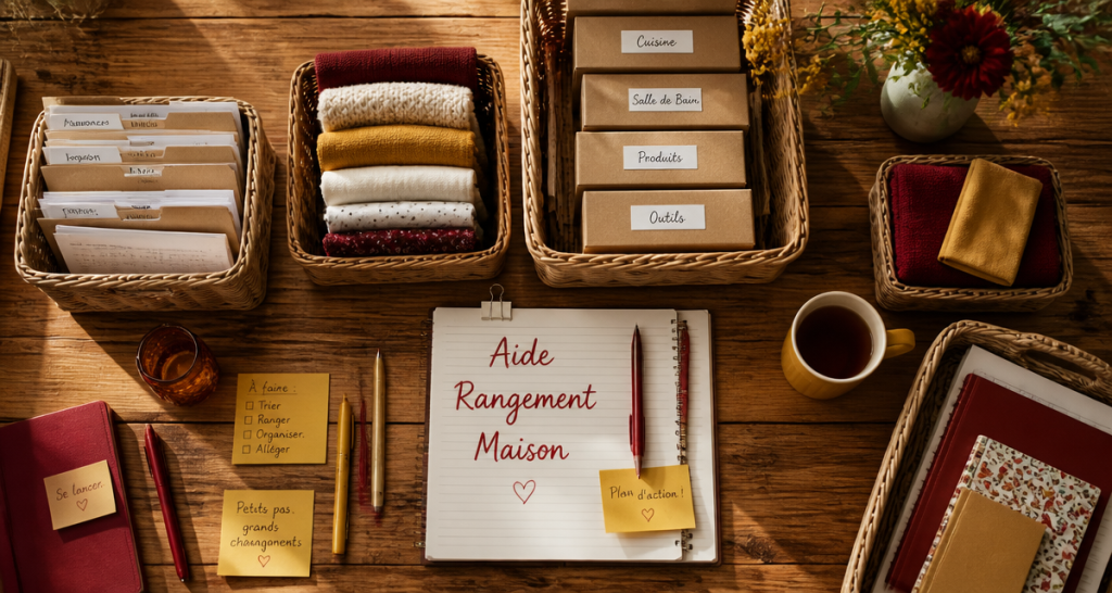 Aide rangement maison sur table en bois avec paniers