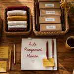 Aide rangement maison sur table en bois avec paniers