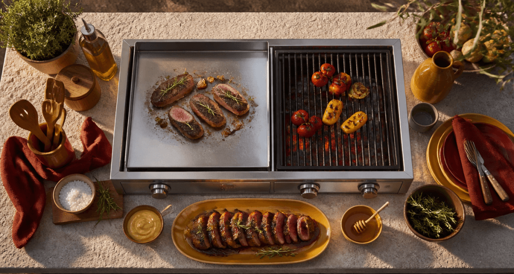 Barbecue cuisine extérieure plancha inox et pierre
