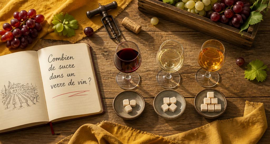combien de sucre dans un verre de vin, trois verres et morceaux de sucre