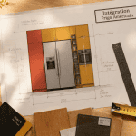 comment intégrer un frigo américain dans une cuisine, vue aérienne plan de travail moderne