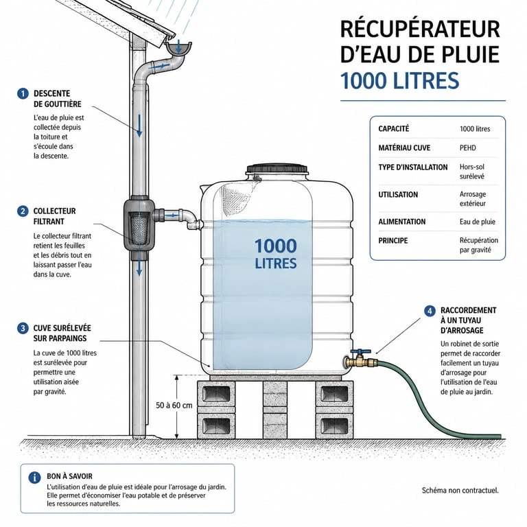Schéma d'installation d'un récupérateur d'eau 1000l avec collecteur et système de filtration
