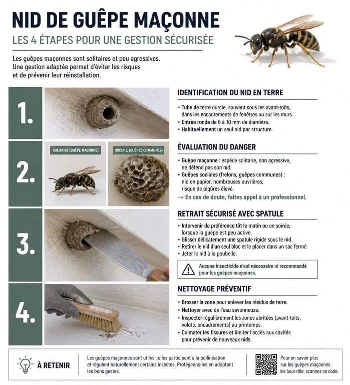 Infographie des étapes pour identifier et retirer un nid de guêpe maçonne en toute sécurité
