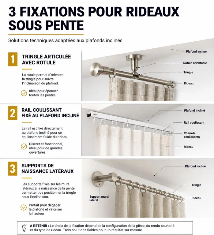 Schéma des solutions de fixation pour tringle rideau sous pente