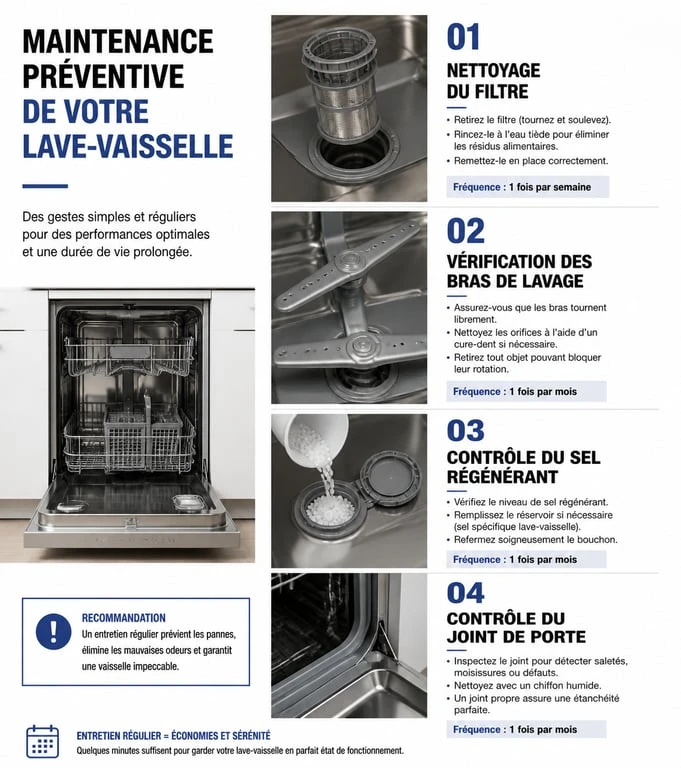 Infographie sur l'entretien et la prévention des pannes de lave-vaisselle