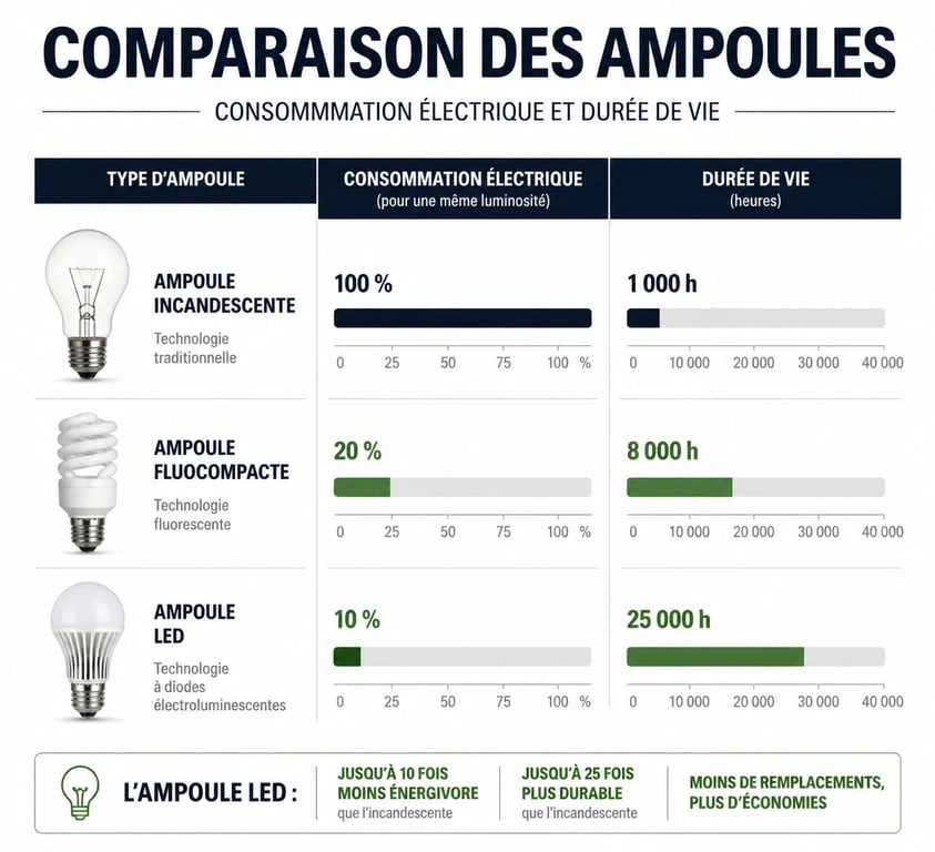 Comparatif des technologies d'ampoule économique : LED, fluocompacte et incandescente