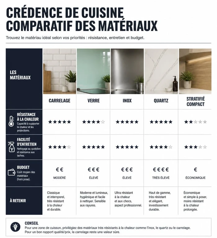 Comparatif des matériaux pour choisir sa crédence de cuisine : inox, verre, carrelage, stratifié.