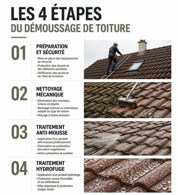 Infographie des étapes du démoussage de toiture pour un exemple de devis