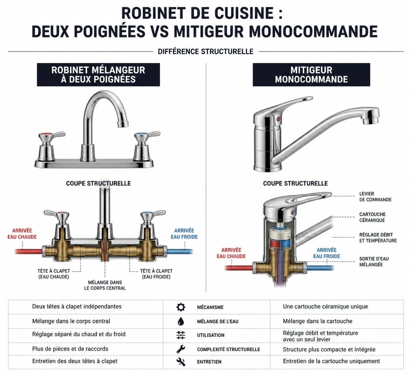 Schéma comparatif entre un robinet mélangeur de cuisine et un mitigeur pour aider au choix.