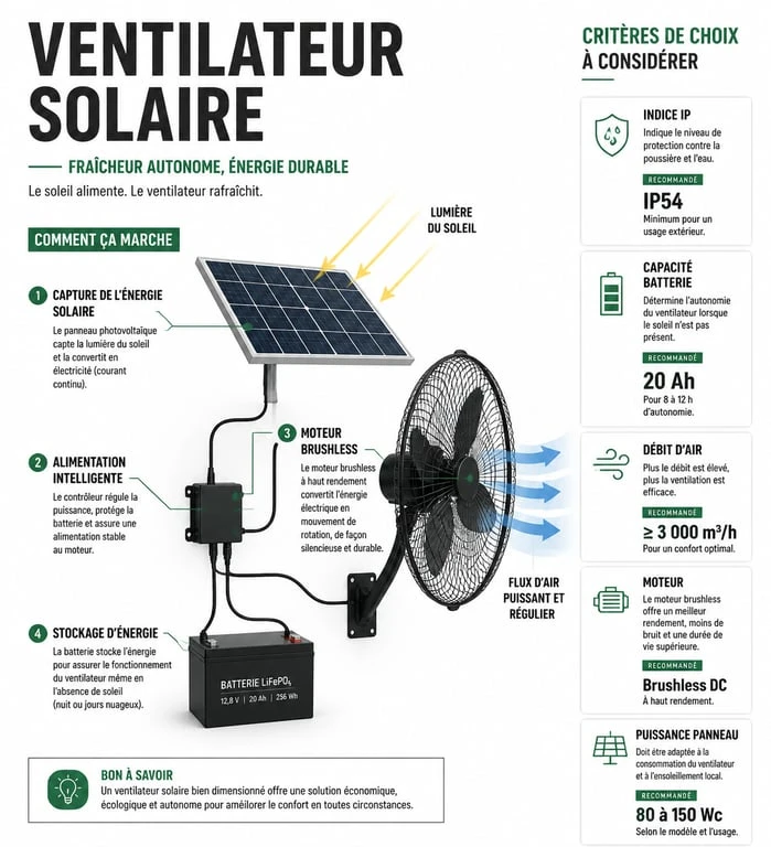 Infographie explicative sur le fonctionnement et les critères de choix d'un ventilateur panneau solaire