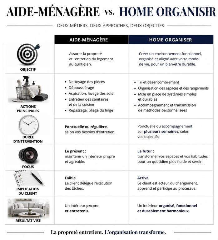 Tableau comparatif entre aide-ménagère et home organiser pour aide rangement maison