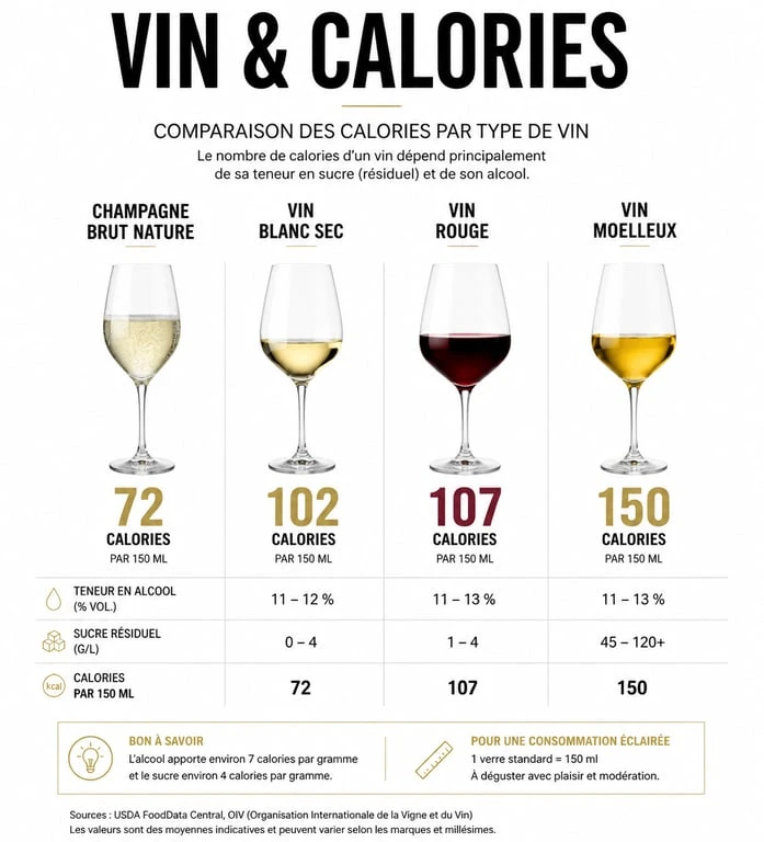Infographie comparative des calories par type de vin pour choisir le vin le moins calorique