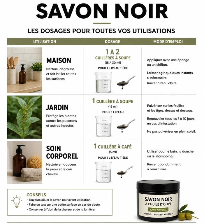 Infographie des dosages recommandés pour l'utilisation du savon noir à la maison, au jardin et en cosmétique