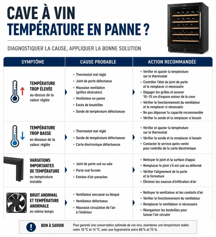 Infographie résumant les causes et solutions pour un problème de température dans une cave à vin