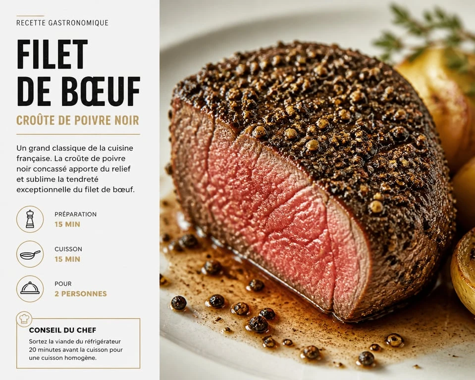 Filet de bœuf au poivre noir en grain concassé, recette gastronomique