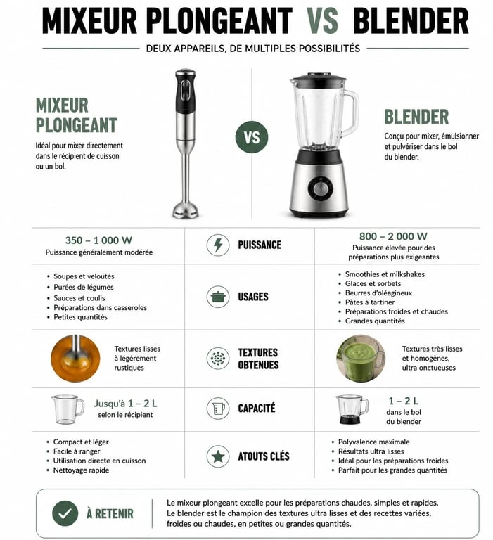 Comparatif visuel des différences entre un mixeur plongeant et un blender pour la cuisine