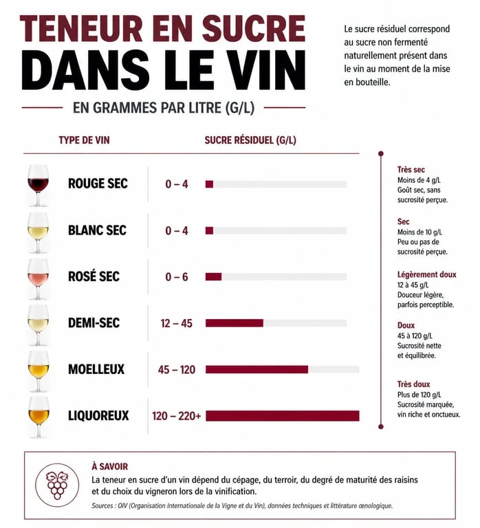 Infographie comparative de la teneur en sucre dans un verre de vin selon le type de vin pour mieux comprendre l'impact nutritionnel