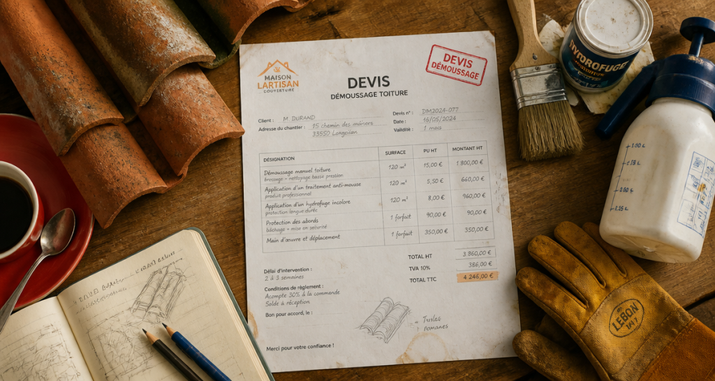 exemple devis démoussage toiture papier sur bureau