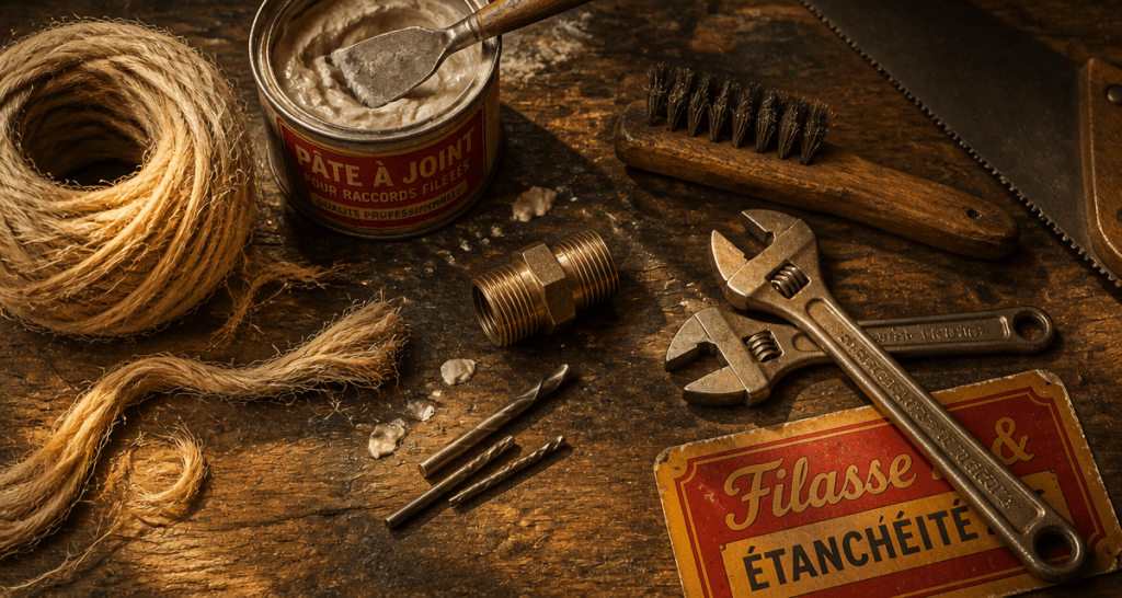filasse plomberie sur établi avec outils