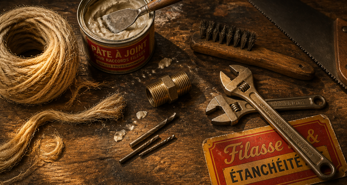 filasse plomberie sur établi avec outils