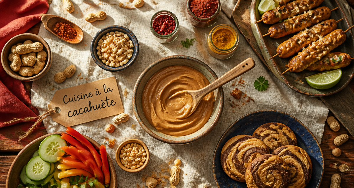 recette au beurre de cacahuete sur table avec plats salés et sucrés