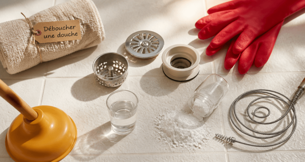 Déboucher douche produit avec outils et ingrédients