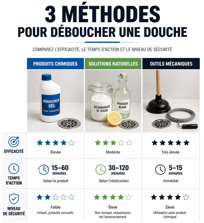 Infographie comparative des méthodes pour déboucher une douche : produits chimiques, naturels et mécaniques.