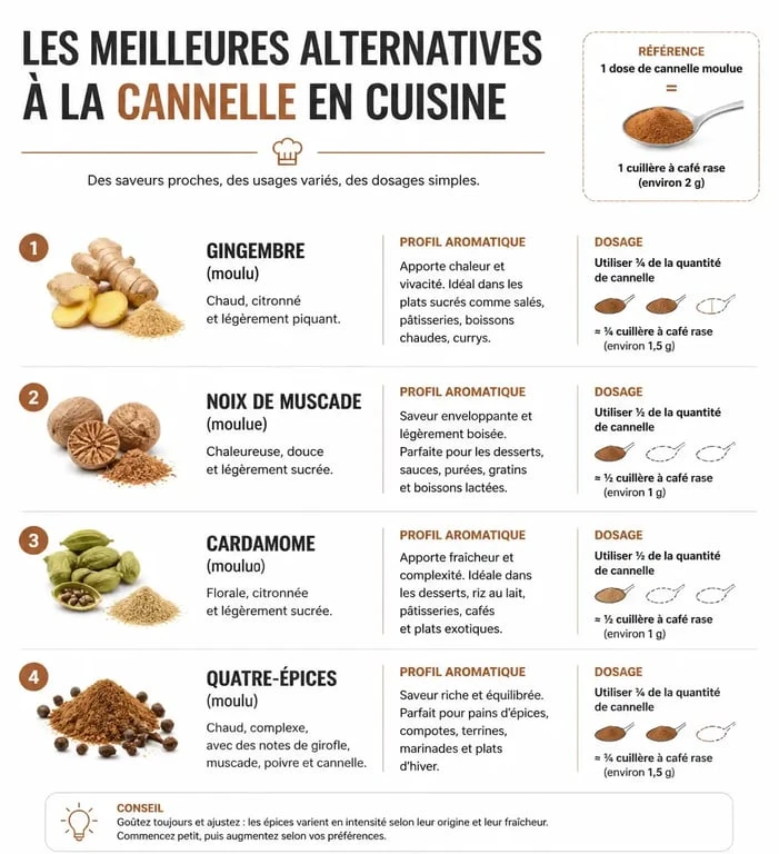 Infographie comparative des meilleures alternatives à la cannelle pour remplacer cette épice dans vos recettes