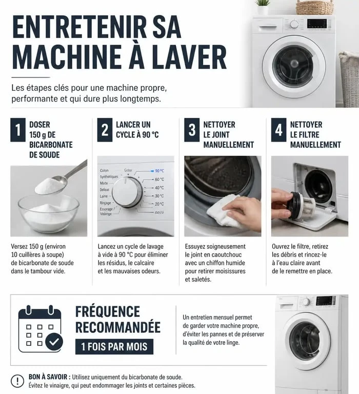 Infographie récapitulative pour nettoyer sa machine à laver avec du bicarbonate de soude