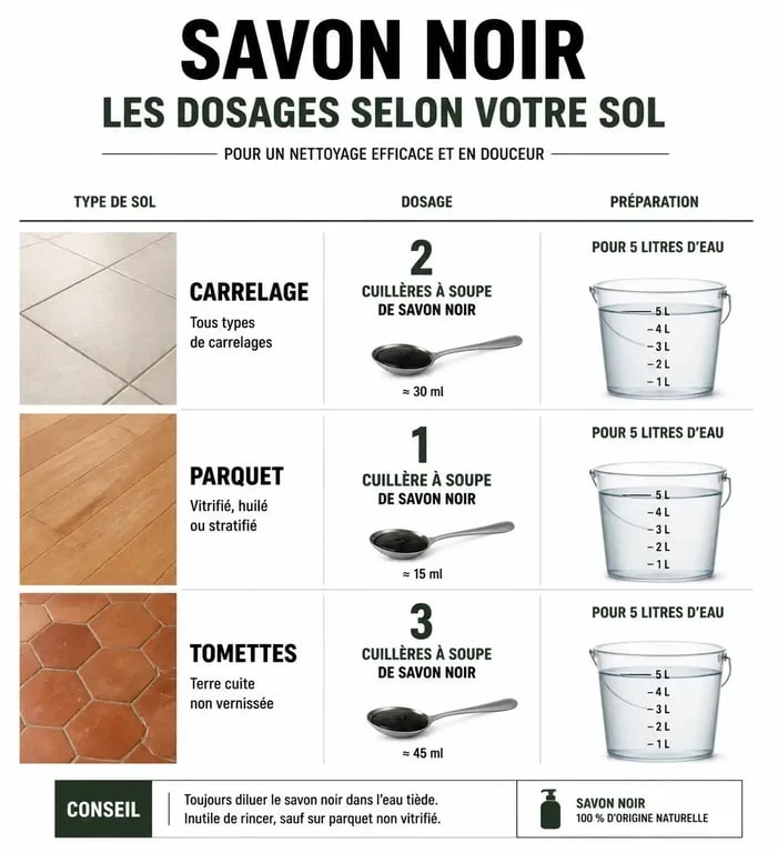 Infographie des dosages de savon noir pour le nettoyage des sols