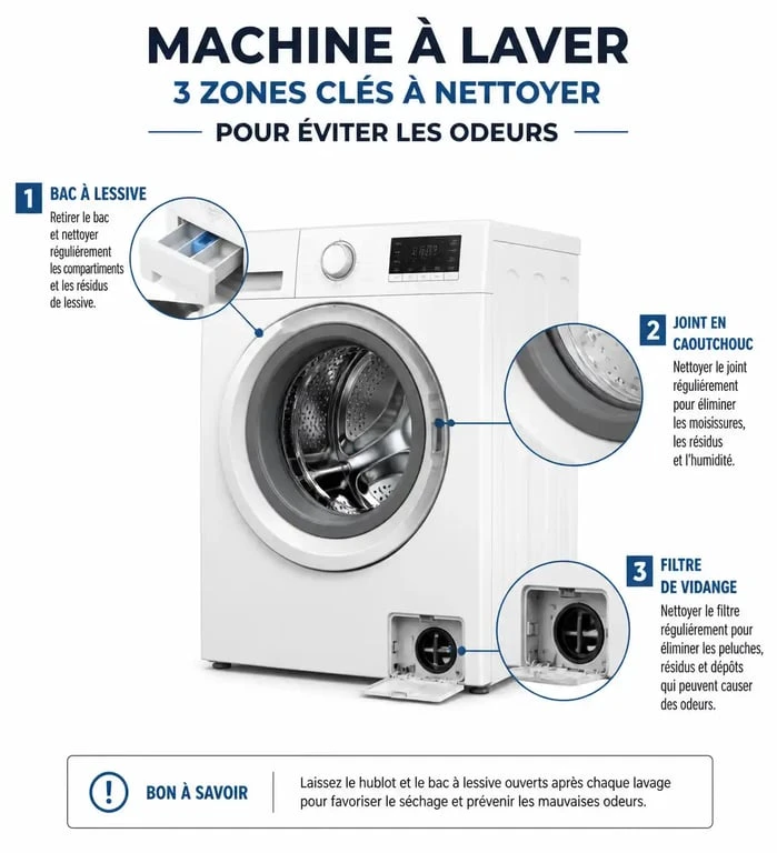 Schéma des zones à nettoyer pour éviter les mauvaises odeurs dans une machine à laver