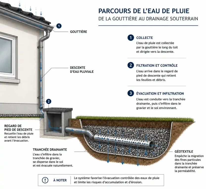 Schéma de fonctionnement d'un système de drainage eau de pluie gouttière
